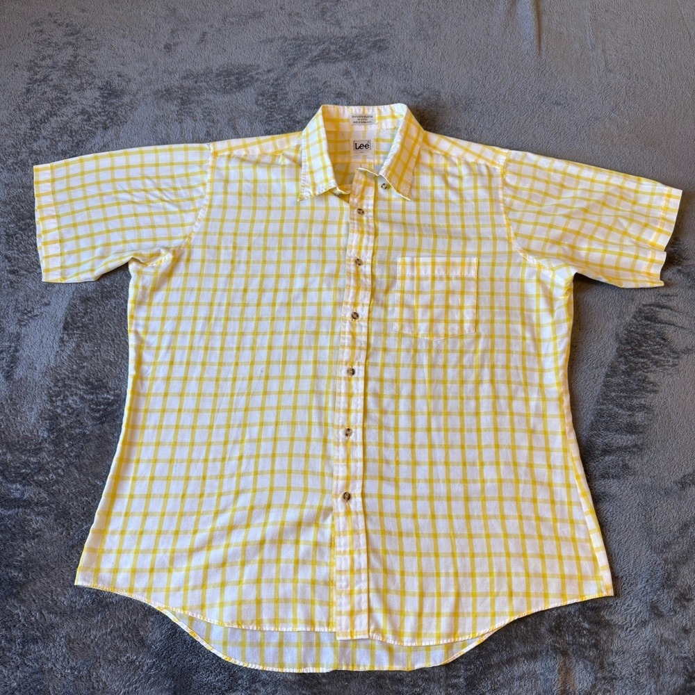 Vintage Lee Mens XL Yellow White Checkered Short Sleeve Button Down Shirt